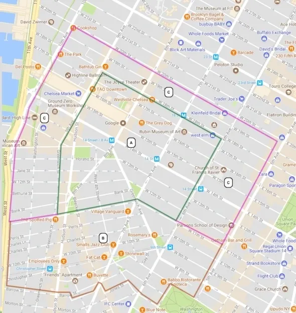 A map of the city with many different colors